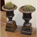 PAIR OF CAST IRON URN STYLE PLANTERS ON STANDS - APPROXIMATE DIMENSIONS = 27" HIGH, 15" DIAMETER