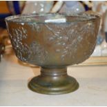 6" DIAMETER EARLY 20TH CENTURY JAPANESE BRONZE FINISHED PEDESTAL BOWL WITH CHRYSANTHEMUM DECORATION