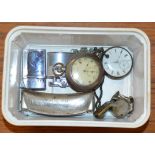 BOX WITH HARMONICA, WHISTLE, POCKET WATCHES ETC