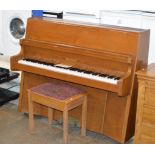 TEAK CASED UPRIGHT PIANO BY BENTLEY WITH STOOL