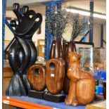 PAIR OF LARGE FIGURE DISPLAYS, PAIR OF LARGE WOODEN VASES, LARGE GLASS VASE, 2 WOODEN ORNAMENTS &
