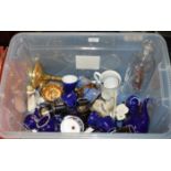 BOX WITH VARIOUS TEA WARE, SHIP IN A BOTTLE DISPLAY, CANDLE STICKS ETC