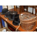LEATHER HAT BOX, 2 TOP HATS, 2 BOWLER HATS