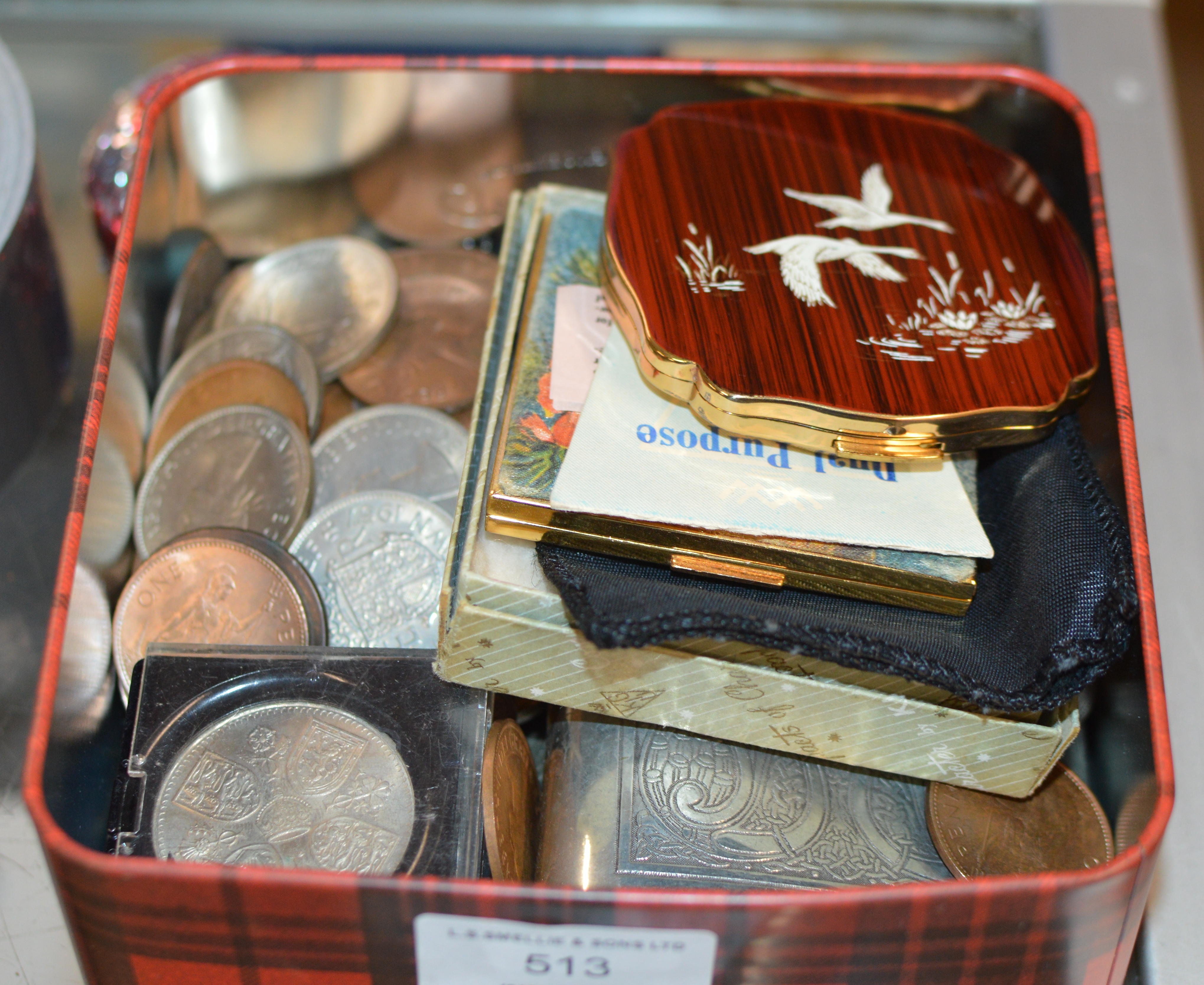 TIN WITH VARIOUS COINAGE, COMPACTS, HIP FLASK ETC