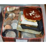 TIN WITH VARIOUS COINAGE, COMPACTS, HIP FLASK ETC