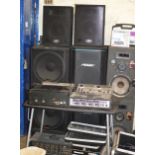 ASSORTED PA EQUIPMENT, LARGE SPEAKERS, MIXING BOARDS, MICROPHONES ETC - AS SEEN