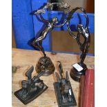 PAIR OF BRONZE EFFECT FIGURINE ORNAMENTS & PAIR OF BRONZED MYTHICAL BEASTS