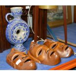 IZNIK STYLE POTTERY JUG & 3 VARIOUS WOODEN WALL MASK DISPLAYS