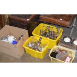 5 BOXES WITH VARIOUS EP WARE, GLASS WARE, MIXED CERAMICS, TEA POTS, CAMERAS ETC