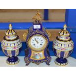 PORCELAIN CASED STRIKING MANTLE CLOCK & PAIR OF DECORATIVE LIDDED PORCELAIN JARS