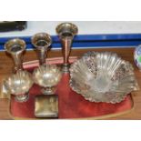 TRAY WITH VARIOUS PIECES OF SILVER, FLOWER TUBES, BASKET ETC - APPROXIMATE COMBINED WEIGHT = 1.95KG