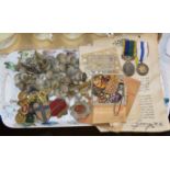 TRAY WITH MEDAL DUO AWARDED TO Q/1007006 SGT A KENNEDY QURANC, VARIOUS BUTTONS, BADGES, COSTUME