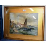 11½" X 15½" GILT FRAMED WATERCOLOUR - SAIL BOAT AT THE HARBOUR
