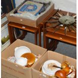 3 BOXES WITH BABYCHAM GLASSES, FUR COAT, QUANTITY RETRO TEA & DINNER WARE ETC