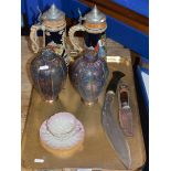 TRAY WITH GHURKHA STYLE KNIFE, 1 OTHER KNIFE, BELLEEK CUP & SAUCER, PAIR OF CLOISONNÉ STYLE LIDDED