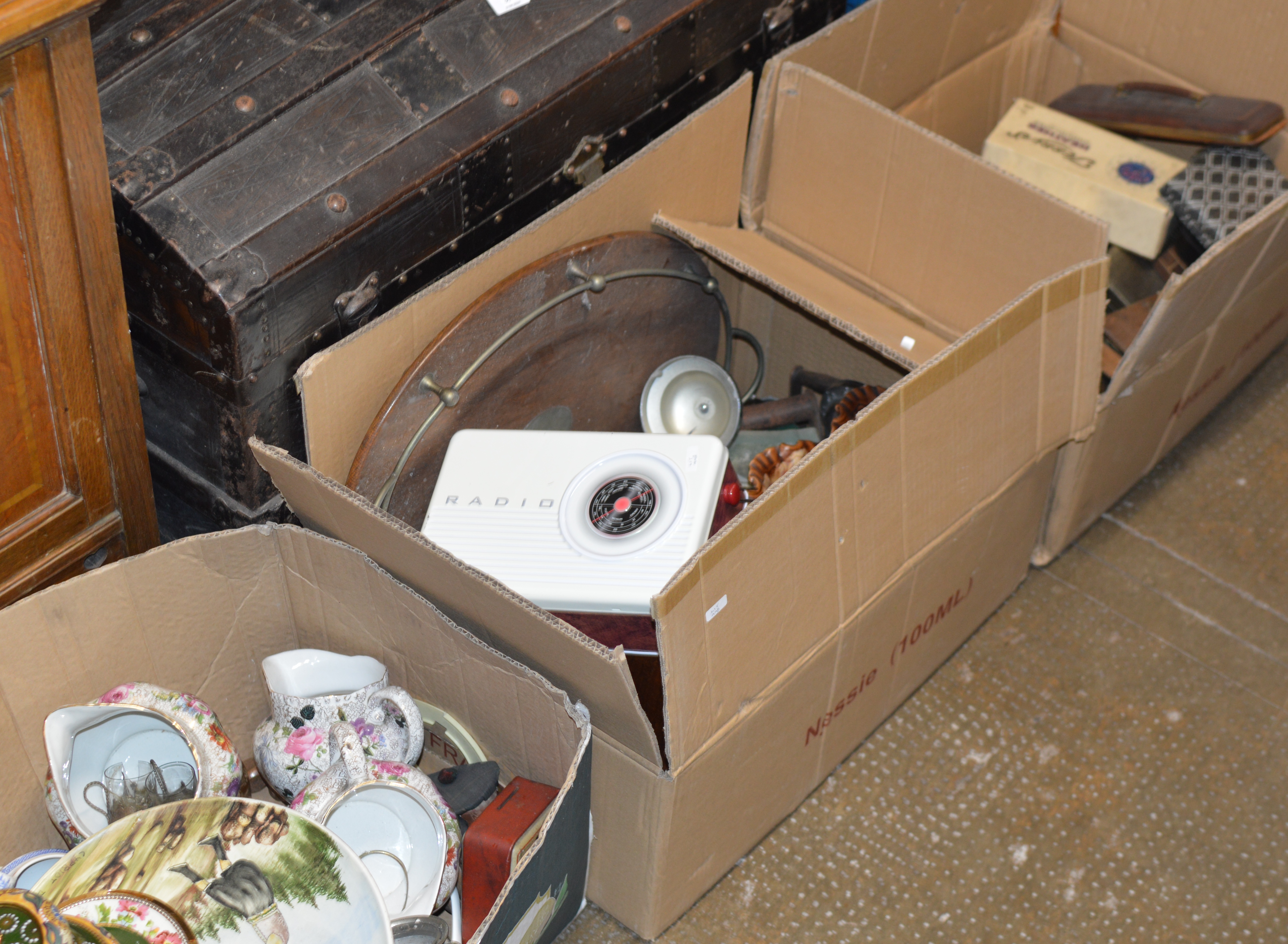 3 BOXES WITH VARIOUS DISHES, TEA POT, BRASS GONG, SERVING TRAY & GENERAL BRIC-A-BRAC