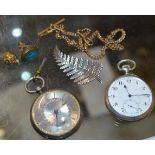 2 SILVER CASED POCKET WATCHES, GILT WATCH CHAIN WITH T-BAR, INTAGLIO FOB & WHITE METAL BROOCH
