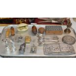 TRAY WITH 4 OLD SILVER SPOONS, WHITE METAL BUCKLES, NOVELTY COCKEREL DESK WEIGHT, DECORATIVE BOX,