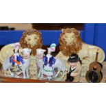 PAIR OF OLD POTTERY LION ORNAMENTS, PAIR OF STAFFORDSHIRE STYLE FIGURINE DISPLAYS, DOULTON TOBY