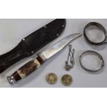 VINTAGE LINDER MESSER SOLINGEN HUNTING KNIFE WITH ANTLER HANDLE & LEATHER SHEATH, SILVER BANGLES ETC