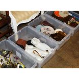 4 BOXES WITH MIXED CERAMICS & GLASS WARE, WOODEN TRUNCHEON, ORNAMENTS, WALLY DOGS & GENERAL BRIC-A-