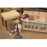 LARGE WICKER BASKET, SMOKERS STAND, TABLE LAMPS, 2 OLD CAMERAS & PADDED STOOL