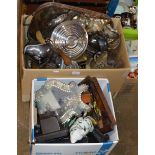 2 BOXES WITH VARIOUS EP WARE, CAT ORNAMENT, CAMERA & GENERAL BRIC-A-BRAC