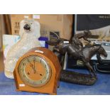 STRIKING MANTLE CLOCK, WALLY DOG & BRONZE EFFECT RACE HORSE & JOCKEY DISPLAY