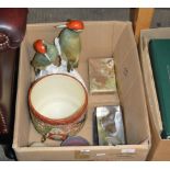 BOX CONTAINING KARL ENS DOUBLE BIRD ORNAMENT, POTTERY PLANTER, OLD COINAGE, PAPERWEIGHT, GLASS