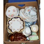 BOX WITH VARIOUS TEA WARE, GLASS FRUIT BOWL ETC