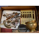 BOX WITH ASSORTED CUTLERY, BRASS PLANTER & GENERAL BRIC-A-BRAC