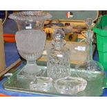 LARGE CRYSTAL URN, 2 DECANTERS & 2 DECORATIVE GLASS DESK WEIGHTS