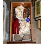 BOX WITH ASSORTED TEA WARE, ONYX BOOKENDS, DECORATIVE GLASS JUG, MEASURING TAPE ETC