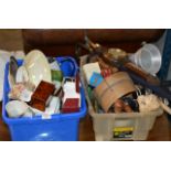 2 BOXES WITH BAROMETER, VARIOUS UMBRELLAS, MIXED CERAMICS, FIGURINE ORNAMENT & GENERAL BRIC-A-BRAC