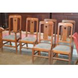 SET OF 6 OAK ARTS & CRAFTS STYLE PADDED CHAIRS WITH 1 CARVER & 5 HAND