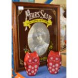 FRAMED PEARS SOAP ADVERTISING PICTURE & PAIR OF NOVELTY OWL DOOR STOPS