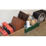 SUBWOOFER & 2 BOXES CONTAINING KITCHEN WARE, TATTOO GUN, LEATHER CASE, CCTV CAMERA ETC