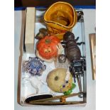 BOX WITH DECORATIVE GLASS PAPERWEIGHT, PLAYING CARDS, CHARACTER JUG, NOVELTY ITEMS ETC