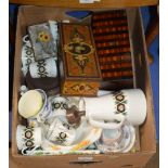 BOX WITH ASSORTED TEA WARE, DECORATIVE BOXES, VARIOUS DISHES ETC