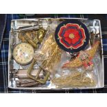 BOX WITH GERMAN STYLE POCKET WATCH, WHISTLES, MILITARY PATCHES, CIGARETTE LIGHTER ETC