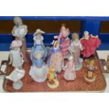 TRAY WITH VARIOUS FIGURINE ORNAMENTS, ROYAL DOULTON, NAO, HUMMEL ETC