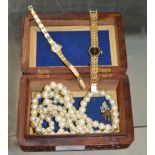 WOODEN JEWELLERY BOX, FAUX PEARL NECKLACE & 2 LADIES WRIST WATCHES