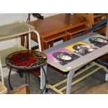 NEST OF TEAK TABLES, NOVELTY 3 WISE MONKEYS TABLE, OCCASIONAL TABLE & WALKING AID
