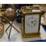 SILVER BOWLING JACK ON STAND & BRASS CASED CARRIAGE CLOCK WITH KEY