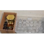 2 BOXES WITH CRYSTAL GLASSES, COFFEE WARE, CLOCK, CERAMIC BOTTLES ETC