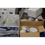3 BOXES WITH VARIOUS CRYSTAL WARE, STEM GLASSES, VARIOUS MUGS, DISHES, TEA WARE, LURPACK WARE ETC