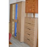 PAIR OF MODERN DOUBLE MIRRORED DOOR WARDROBES WITH MATCHING 5 DRAWER CHEST