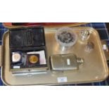 BOX CONTAINING VARIOUS COINAGE, HIP FLASK, SILVER MOUNTED MATCH STRIKER ETC