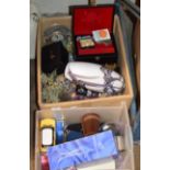 2 BOXES WITH COSTUME JEWELLERY, CAITHNESS GLASS WARE, CRYSTAL WARE, HIP FLASK, GEM STONE DISPLAYS