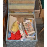 PADDED BOX WITH VARIOUS DOLLS, DOLLS CLOTHING ETC